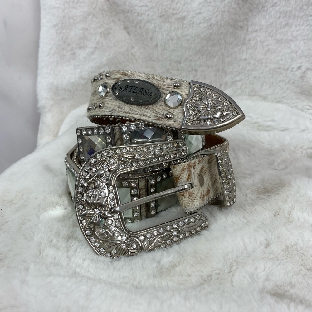 Wb.Atlas Rhinestone Studded bedazzled multi Mirror Cow Fur Belt